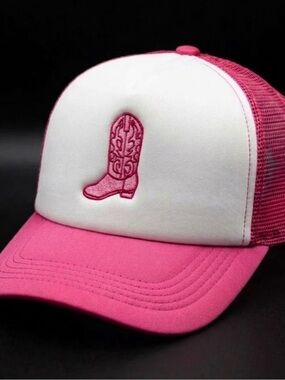 Pink & White Trucker Hat with Boot Embroidery